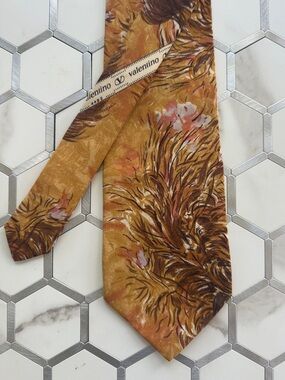 Valentino Cravatte 100% Silk Tie Italy Botanical Grass Floral Brown Gold Vintage